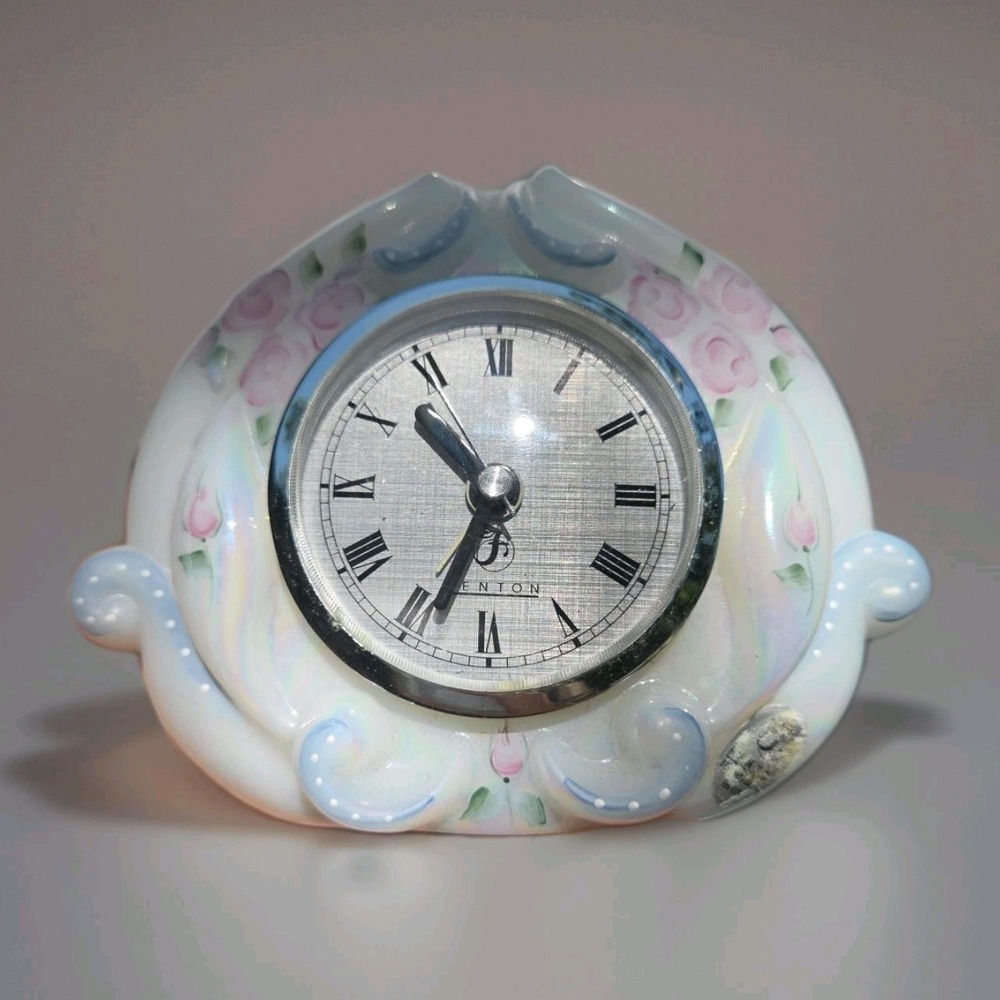 Fenton Hand Painted Floral Milk Glass Alarm Desk Clock Signed Hand Painted